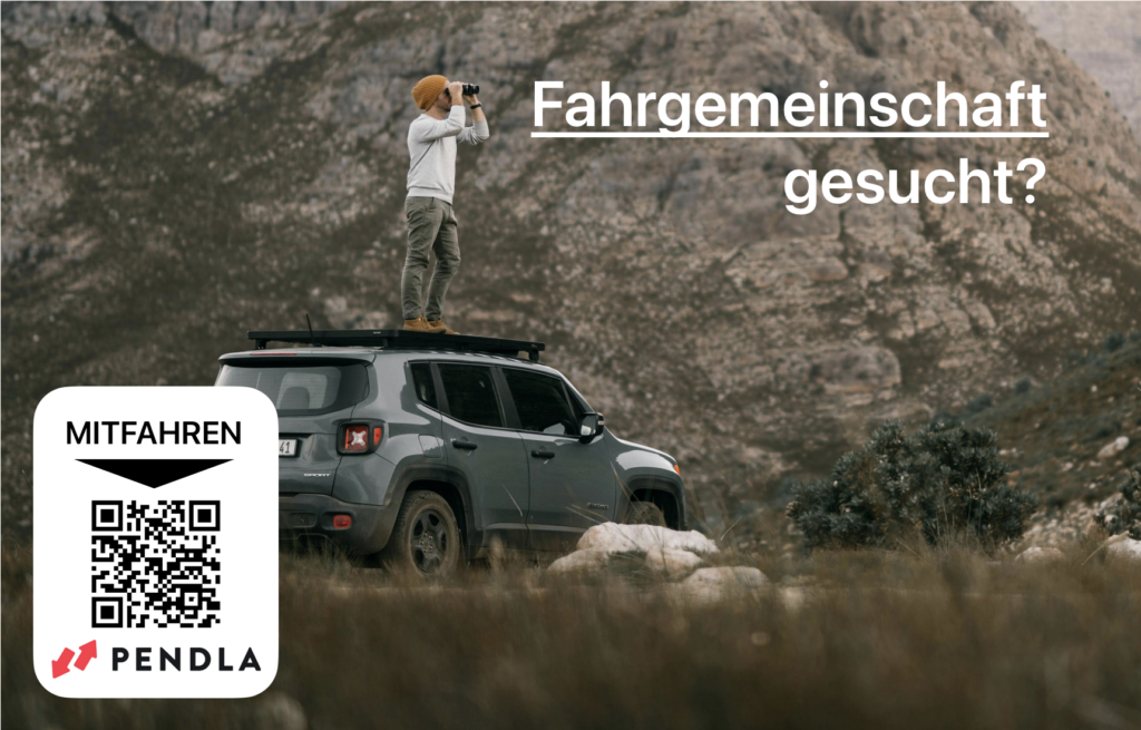 Flyer für die Nutzung des PENDLA Systems. Zu sehen ist ein Mann, der auf dem Dach eines Autos durch ein Fernglas blickt. Der Schriftzug rechts daneben lautet "Fahrgemeinschaft gesucht". Ebenfalls ist ein QR-Code in der linken unteren Ecke gezeigt, wobei der Link zu der PENDLA Website der Gemeinde Leiblfing weiterleitet. Dieselbe Adresse war bereits im vorangegangenen Text enthalten.